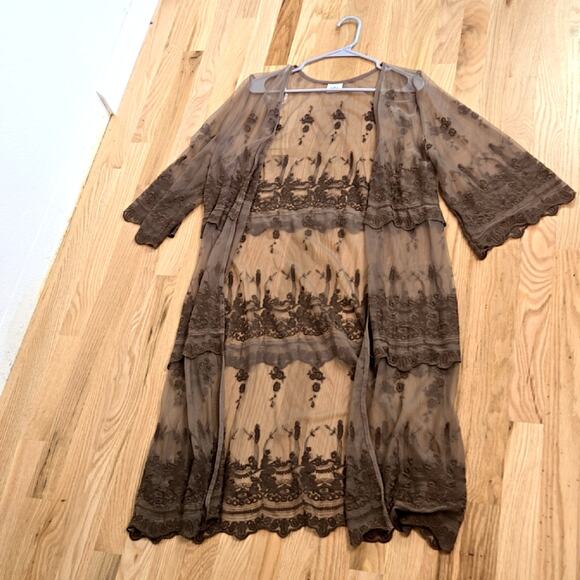 Daytrip Brown Lace Mesh Bohemian Embroidered Bohemian Flowy Open Cardigan M - Picture 3 of 7
